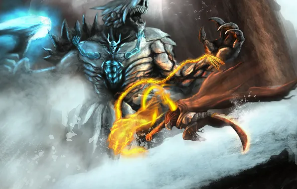 Picture cold, ice, snow, mountains, weapons, rocks, fire, monster