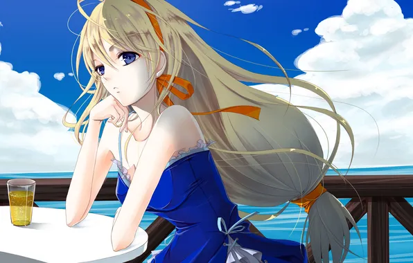 Sea, girl, clouds, glass, the wind, hair, art, railings