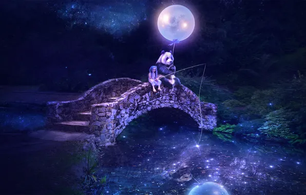 Night, bridge, river, Panda, girl, rod, balloon, fishing