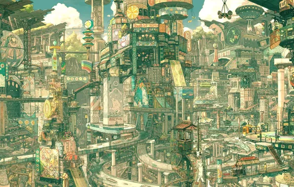 The city, future, labels, fantasy, Asia, figure, building, road