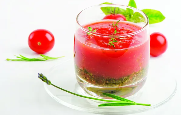 Picture greens, glass, tomatoes, saucer, salad, tomato juice