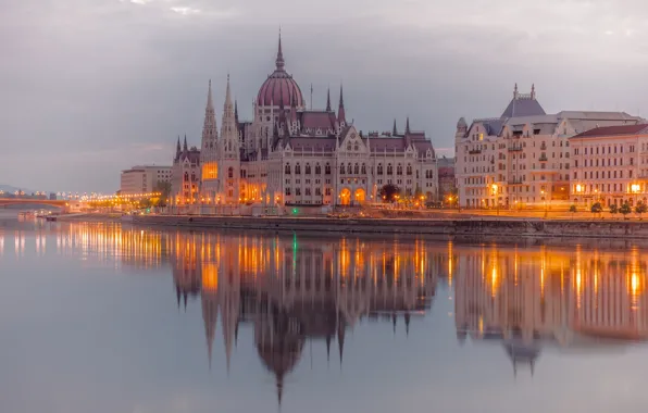 Lights, river, Parliament, Hungary, Budapest, The Danube