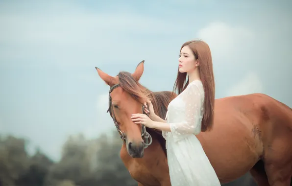 The sky, look, face, girl, nature, face, mood, horse