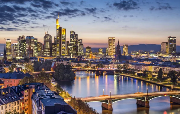 Lights, river, home, the evening, Germany, bridges, Frankfurt