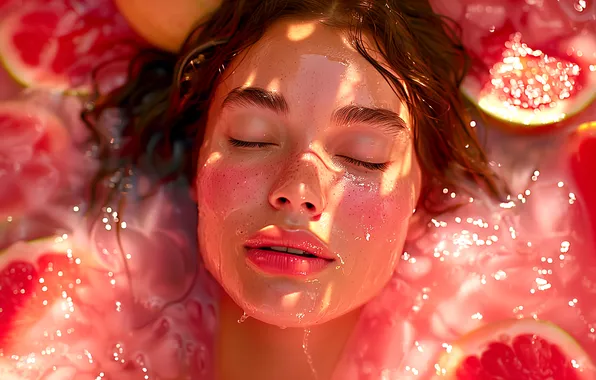 Water, girl, light, face, pose, glare, relax, watermelon