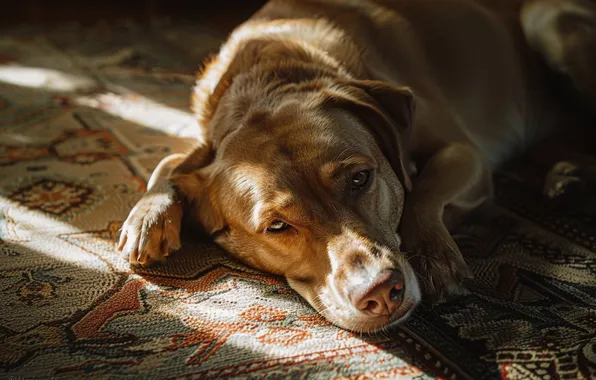 Sadness, look, light, carpet, dog, paws, lies, shadows