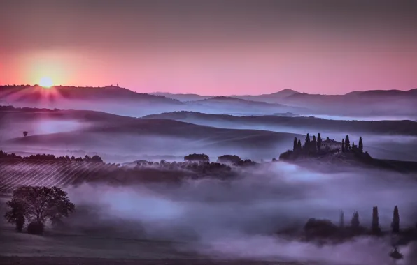 Picture the sky, the sun, trees, fog, house, hills, field, Italy