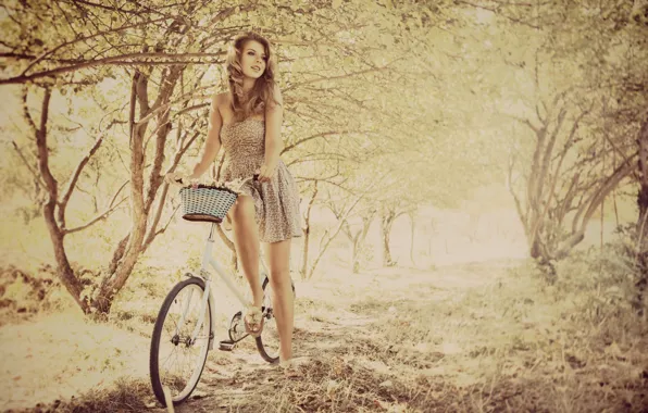 Picture leaves, girl, trees, branches, bike, background, stay, mood