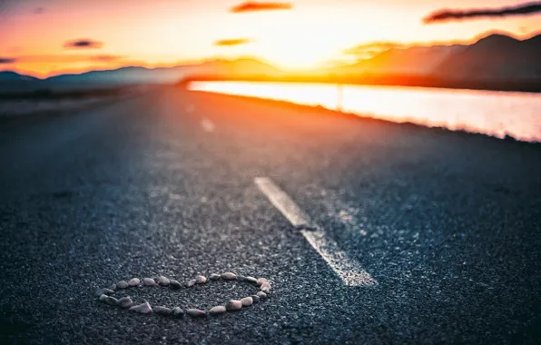 Road, the sky, asphalt, water, the sun, clouds, love, sunset