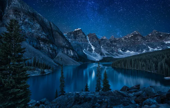 The sky, landscape, mountains, night, nature, lake, reflection, rocks