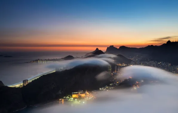 Clouds, lights, fog, twilight, Brazil, Rio de Janeiro, the view from Sugarloaf mountain