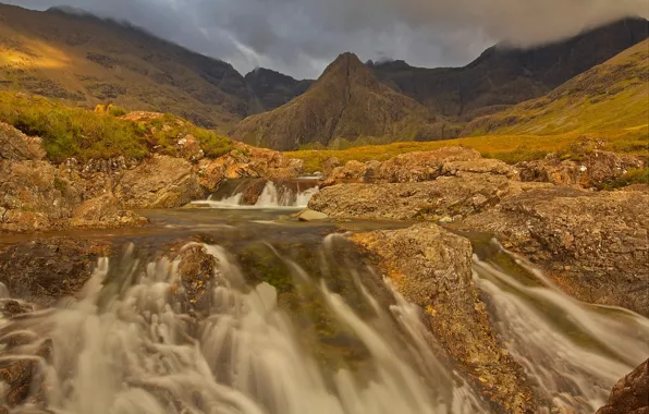 Picture mountains, river, waterfall, Scotland