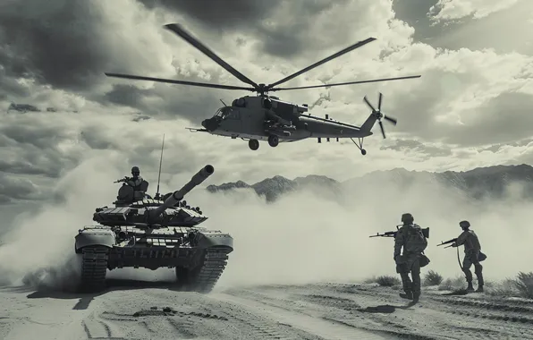 Sand, Clouds, Mountains, Dust, Helicopter, Soldiers, Tank, Digital art