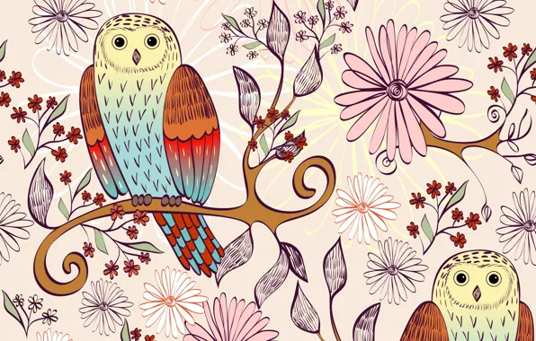 Picture flowers, birds, branch, texture, owls, leaves
