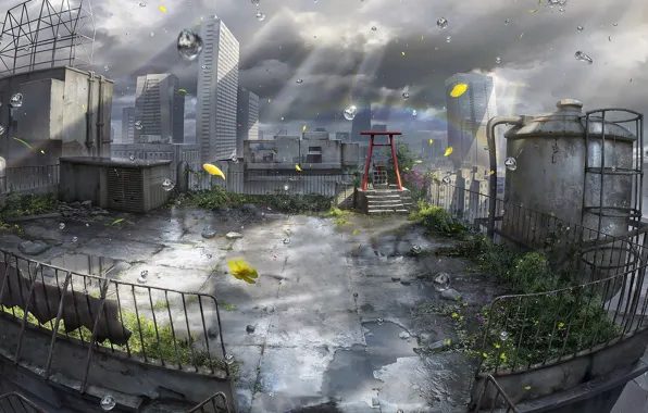 Roof, clouds, water drops, sunbeam, Child Of The Weather, Tenki no Ko