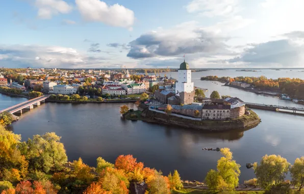 Picture autumn, bridge, the city, castle, island, home, The Gulf of Finland, Vyborg