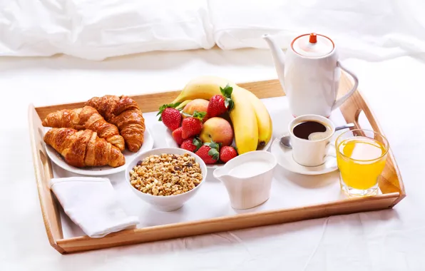 Apples, coffee, Breakfast, cream, strawberry, bananas, croissants, breakfast