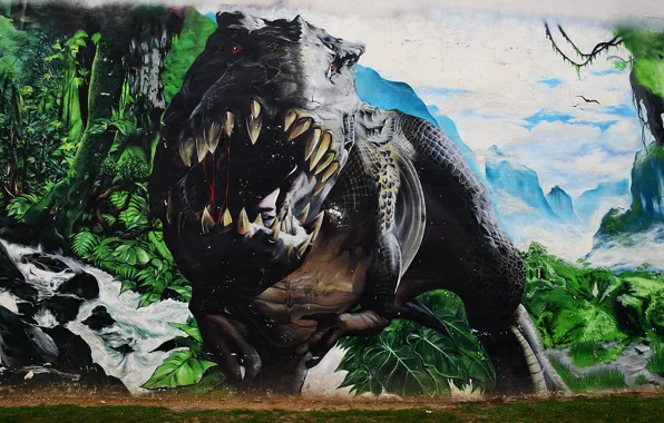 Wall, graffiti, dinosaur, mouth, Graffiti, roar, T-Rex