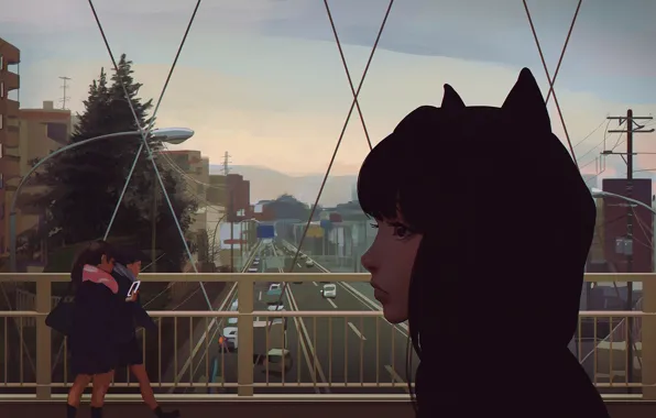 Bridge, the city, girl, ears, Ilya Kuvshinov. art