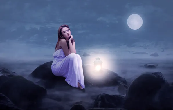Picture the sky, girl, clouds, light, night, fog, the moon, dress