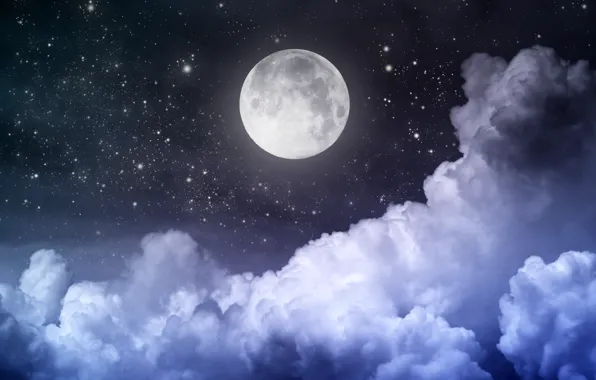 Picture the sky, stars, clouds, landscape, night, The moon, moon, moonlight