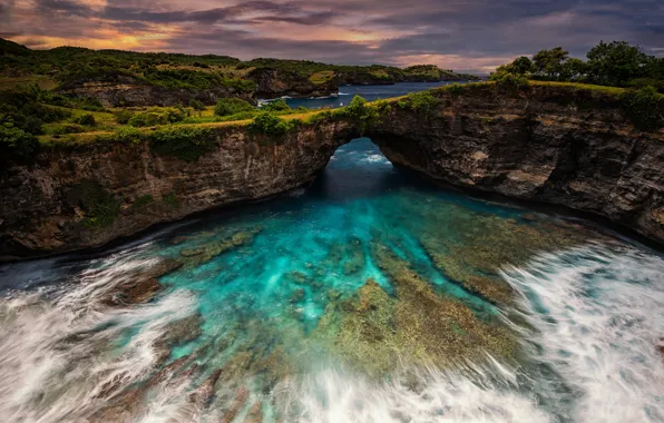 Sea, wave, clouds, rocks, vegetation, the bottom, arch, hole