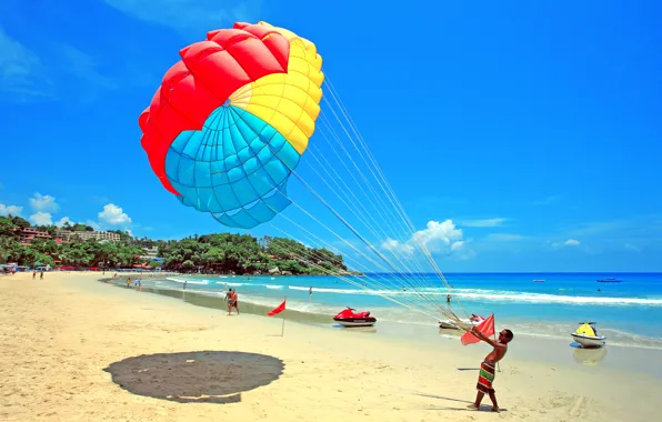 Picture sea, beach, the sky, clouds, people, parachute, resort, jet ski