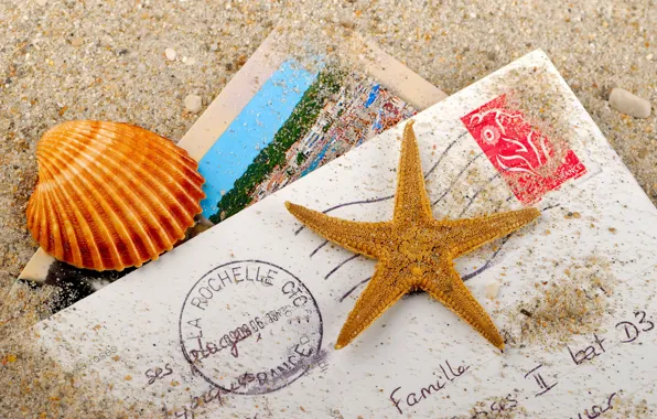 Sand, letter, shell, starfish