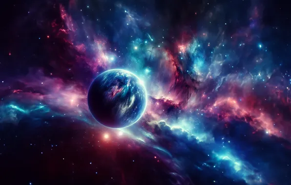 Space, universe, red, blue, nebula, stars, dust, planet