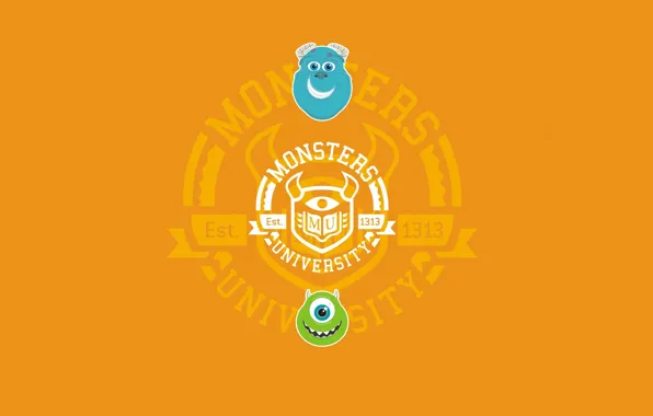 Picture blue, green, the inscription, round, minimalism, orange background, faces, Monsters University