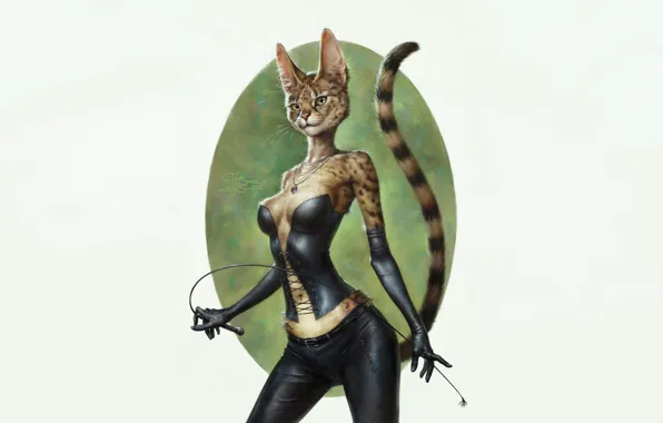 Cat, girl, sexy, figure, leather, art, tail, gloves