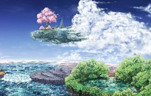 Water, clouds, the city, lake, tree, waterfall, Sakura, fantasy