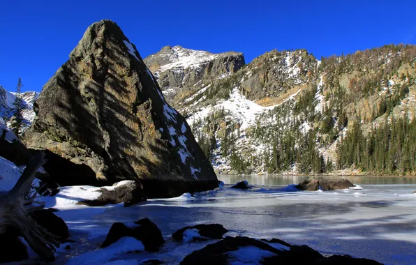 Picture the sky, snow, mountains, rock, lake