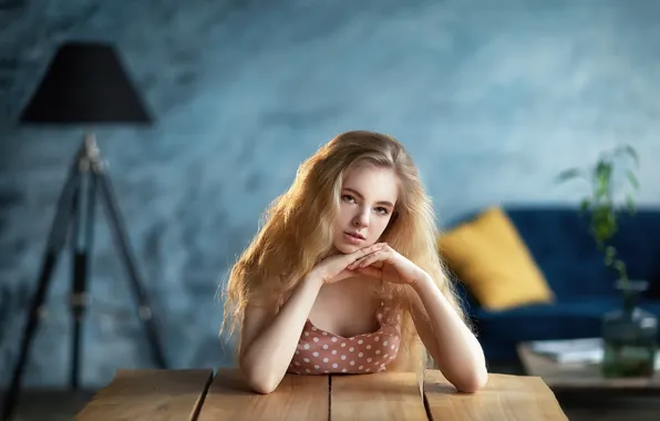 Picture look, girl, pose, table, room, blonde, Anastasia Barmina
