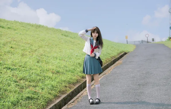 Sky, Grass, Beautiful, Asian, Model, Woman, Road, Cute
