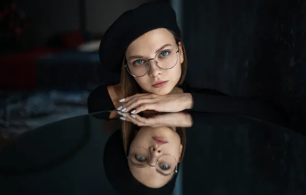 Look, glass, girl, face, reflection, the dark background, table, hand
