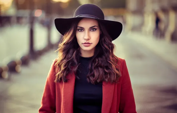 Background, model, hat, makeup, hairstyle, brown hair, beauty, coat