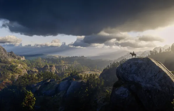 Picture Mountains, Horse, Clouds, Cowboy, Wild West, Game, Cowboy, Wild West