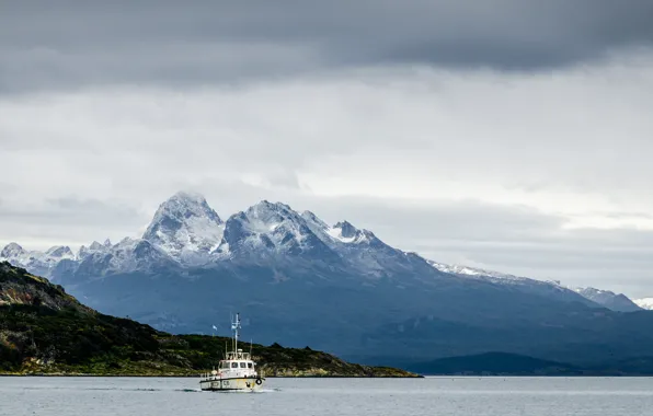The sky, clouds, snow, mountains, fog, overcast, shore, tops