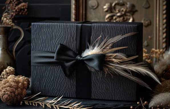 The dark background, box, gift, feathers, black, bow, design, AI art