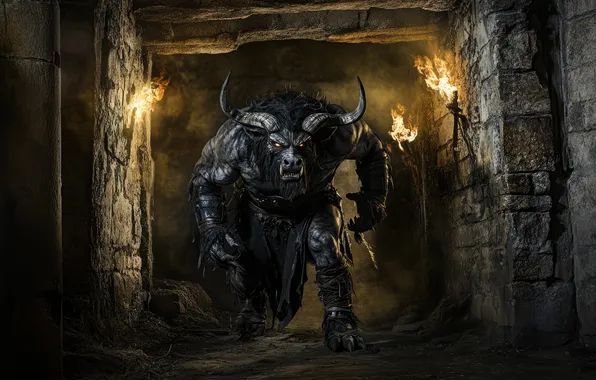 Monster, Horns, Digital art, Torches, The Minotaur, Mythology, AI art, The Art of Artificial Intelligence
