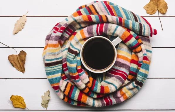 Picture autumn, leaves, background, tree, coffee, colorful, scarf, Cup