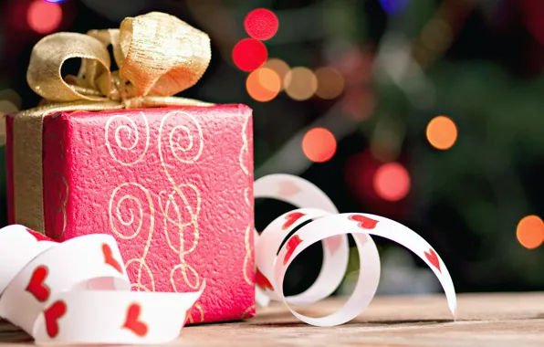 Tape, box, gift, gold, bow, red, holidays, bokeh