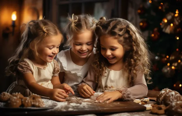 Children, childhood, girls, cookies, Christmas, New year, trio, cuties