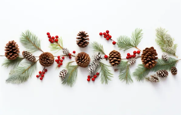 Frost, branches, berries, fruit, Christmas, white background, New year, needles