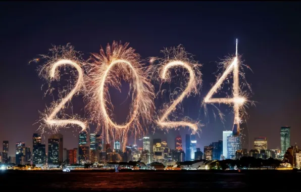 Night, city, the city, salute, colorful, figures, New year, golden