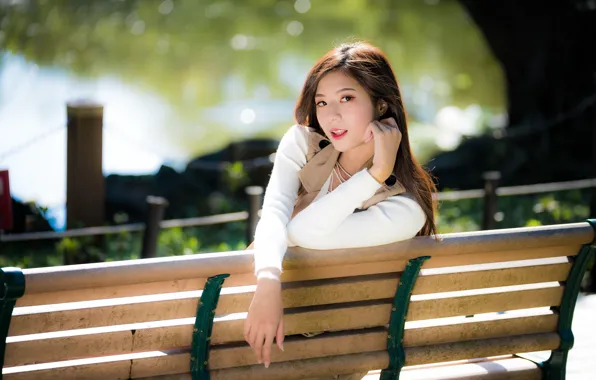 Girl, Asian, cutie, bench, bokeh
