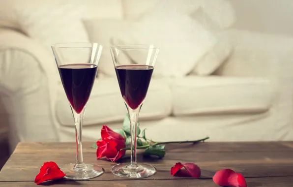 Picture flower, red, wine, red, rose, petals, glasses
