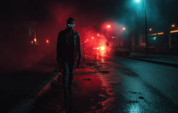 Night, red, city, the city, street, glasses, male, red