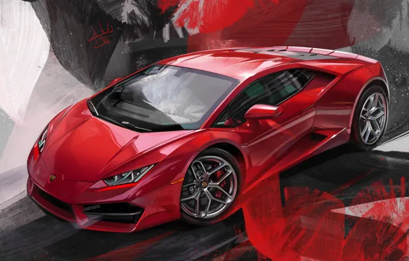 Red, Car, Illustration, Supercar, Lamborghini Huracan, Alexander Sidelnikov, red lambo